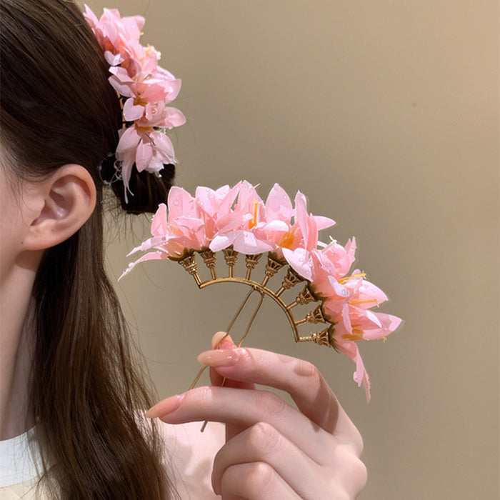 Pink Fabric Flower Gold Arch U Pin Hairpins Five Colors