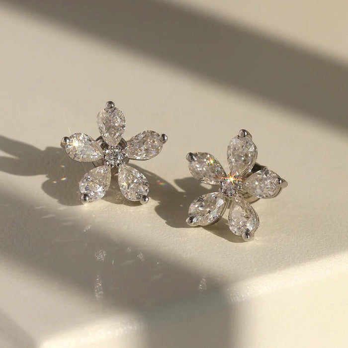 Five-Petal Marquise Clear Stone Floral Stud Earrings In Silver Tone