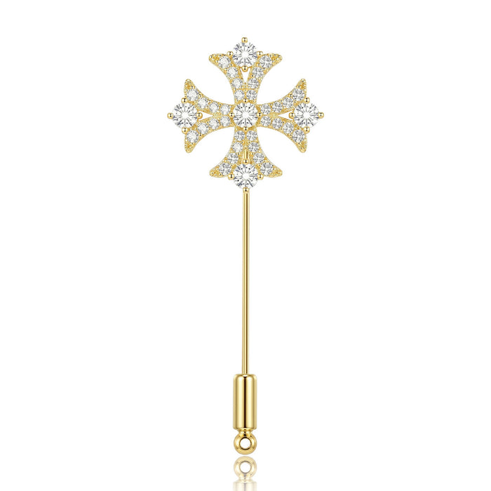 Crystal Cross Stick Pin Brooch in Gold and Silver Tones