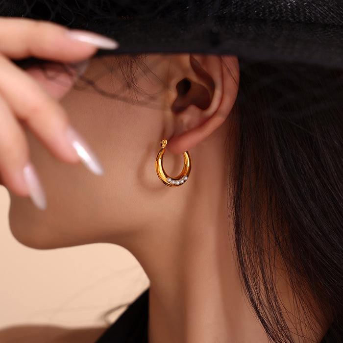 Gold Steel Open Hoop Earrings Five Pearl Beads Titanium Steel