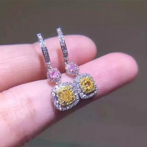 Pink and Yellow Square Floral Drop Earrings in Silver Tone
