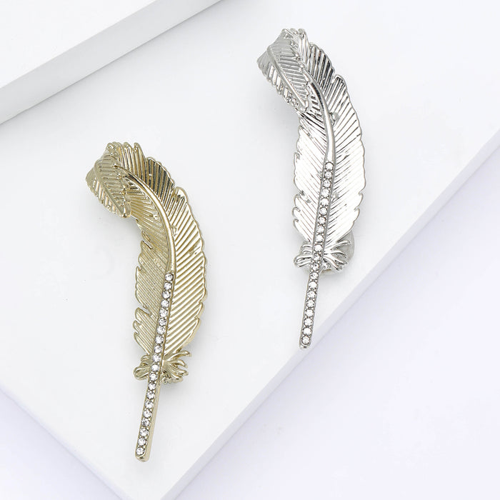 Rhinestone Feather Brooch Textured Metal Silver Gold