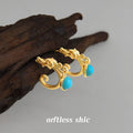 Gold Dragon Scroll C Hoop Earrings Turquoise Drop Pair view 4