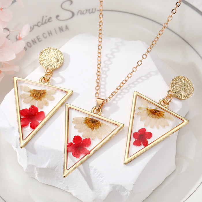 Gold Tone Triangle Daisy and Red Pressed Flower Necklace and Earrings