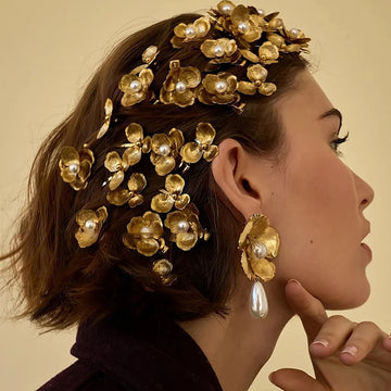Brushed Metal Flower Pearl Hair Clip Pin Sets 2 Styles