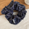 Navy Blue Gray Plaid Fabric Scrunchie Ruffle Hair Tie view 1