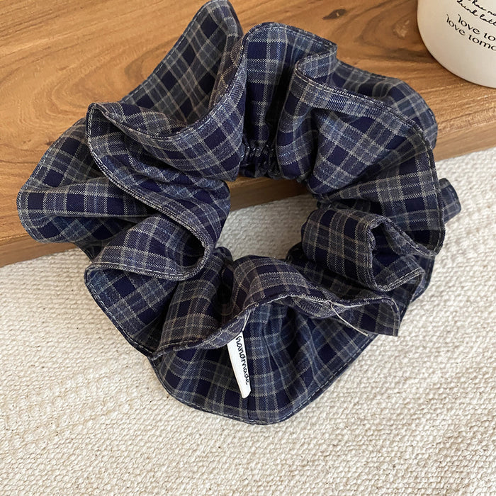 Navy Blue Gray Plaid Fabric Scrunchie Ruffle Hair Tie