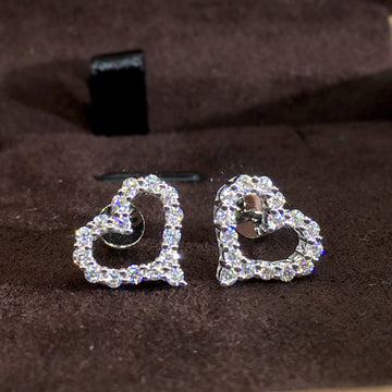Silver Tone Open Heart Clear Pave Stud Earrings Pair