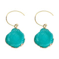 Gold Tone Aqua Rough Edge Round Stone Slice Hook Earrings view 5