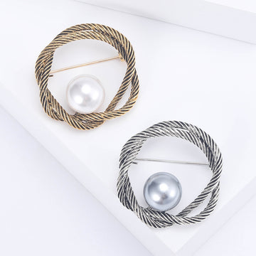 Twisted Circle Brooch With Faux Pearl Accent for Jackets Scarves and Lapels