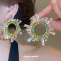 Radiant Baguette Crystal Round Stud Earrings with Polished Metal Tone Details view 3