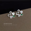 Silver Tone Clear Stone Bow Flower And Green Drop Stud Earrings view 1