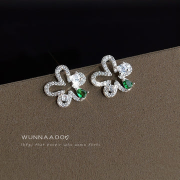 Silver Tone Clear Stone Bow Flower And Green Drop Stud Earrings