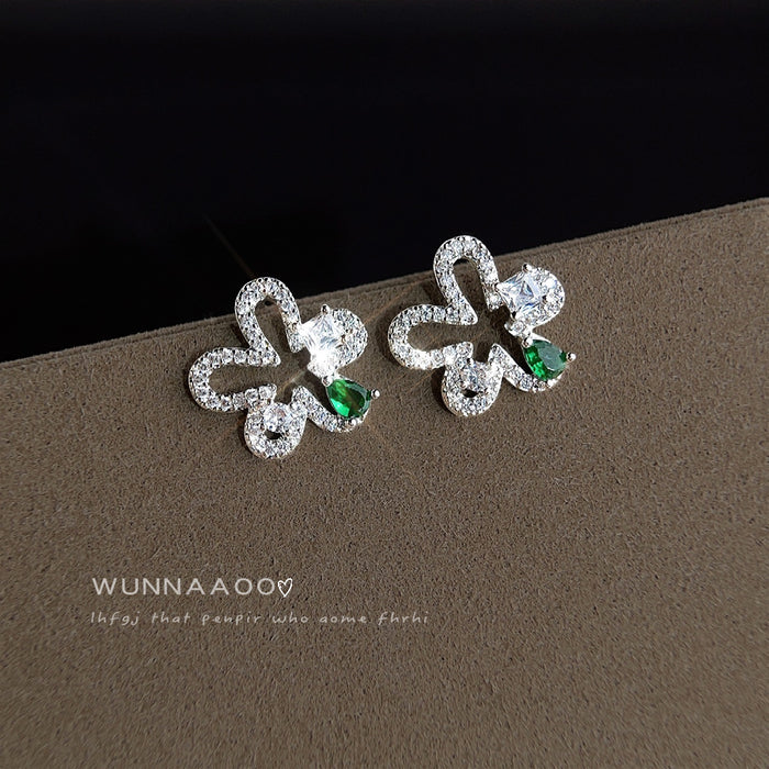 Silver Tone Clear Stone Bow Flower And Green Drop Stud Earrings