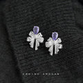 Silver Bow Stud Earrings Purple Teardrop Clear Accents view 4
