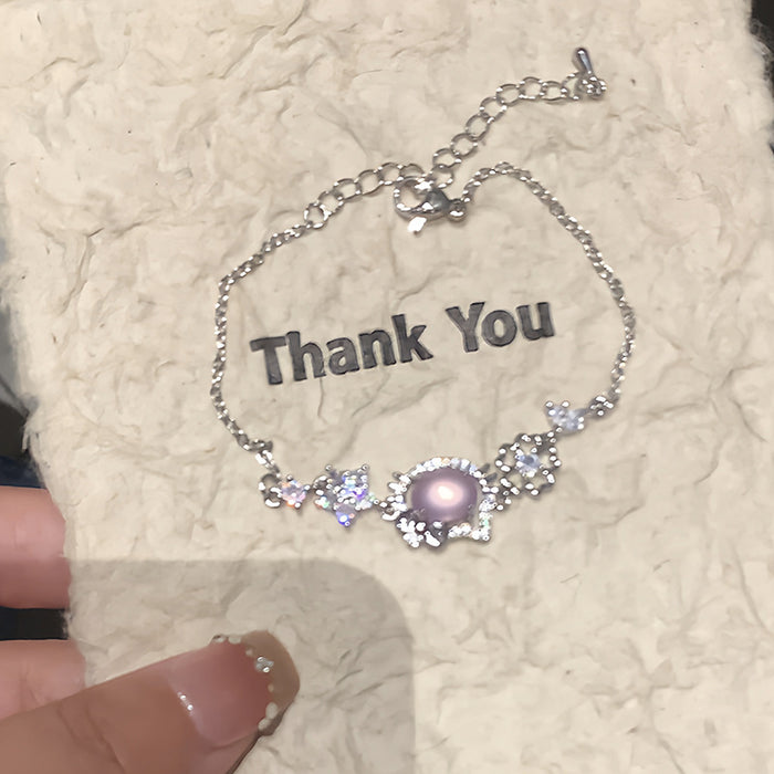 Silver Pink Cabochon Flower Zircon Adjustable Bracelet