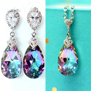 Silver Tone Rainbow Teardrop Earrings And Pendant Set