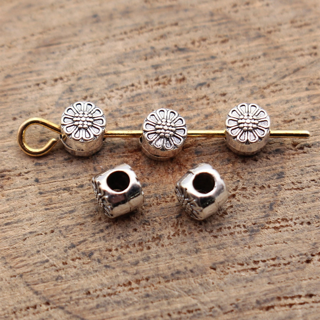 4.1x4.1x3.9mm 0.2g Antique Silver Zinc Alloy Flower Pattern Round Loose Metal Double Sided Beads for Bracelet DIY Jewelr
