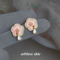 Gold Tone Pink Flower Clear Teardrop Stud Earrings For Women view 4