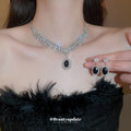 Silver Black Oval Crystal Choker Necklace Earring Set view 3