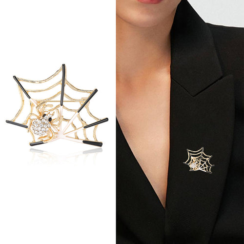 White clear spider web brooch product shot and on black blazer