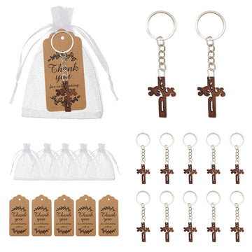 Brown Wood Jesus Cutout Cross Keychain Metal Split Ring