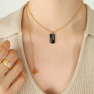 Good Luck Enamel Tag Ball Chain Necklace Gold Tone