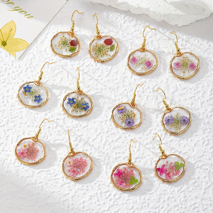 Gold Tone Irregular Round Pressed Flower Drop Earrings in Six Designs