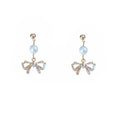 Gold Pearl Crystal Bow Drop Stud Earrings Clear Stones view 5