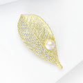 Gold Filigree Leaf Metal Brooch with Round Pearl Accent view 2
