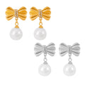 Bow Pearl Drop Stud Earrings with Rhinestone Center Gold Steel view 5