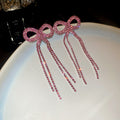 Pink Crystal Bow Tassel Stud Earrings Statement Pair view 6