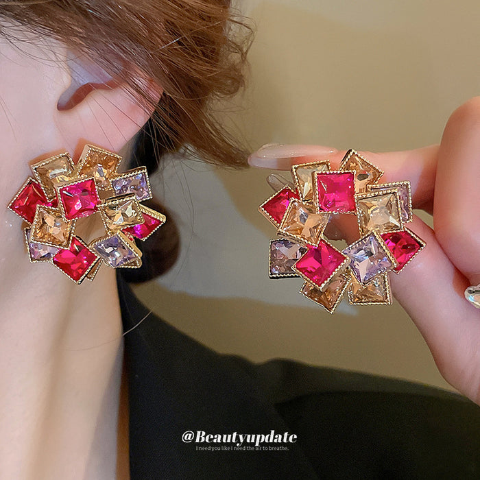 Multicolor Square Crystal Cluster Statement Stud Earrings