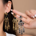 Gold and Silver Black Ornate Filigree Triple Drop Earrings view 1
