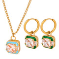 Gold Square Crystal Pendant Necklaces Hoops Green Blue Enamel view 5