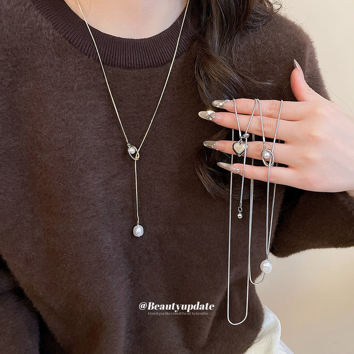 Pearl Drop and Loop Pendant Necklace Statement Fashion Jewelry
