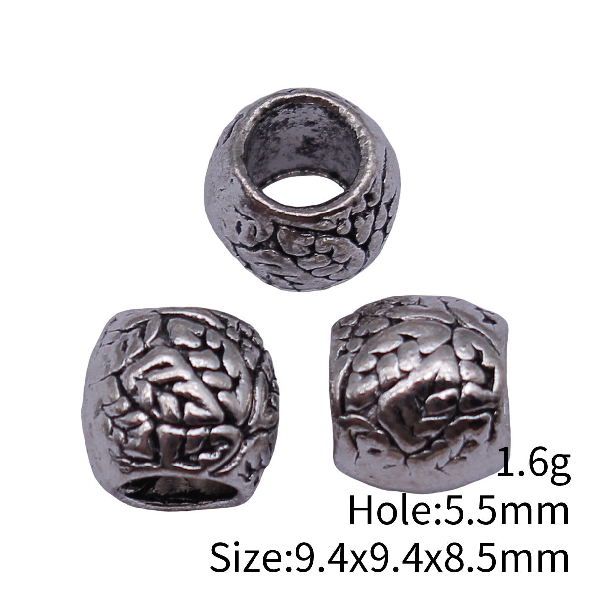 9.4x9.4x8.5mm 1.6g Antique Silver Zinc Alloy Leaf Texture Large Hole Spacer Beads for Bracelet Making