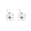 White Fabric Flower Gold Tone Dangle Stud Earrings view 5