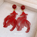 Red Translucent Fish Drop Clip Earrings with Round Stud Tops view 2