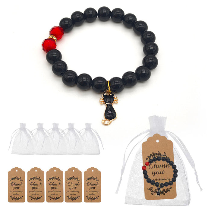 Black Round Bead Red Faceted Cat Charm Stretch Bracelet