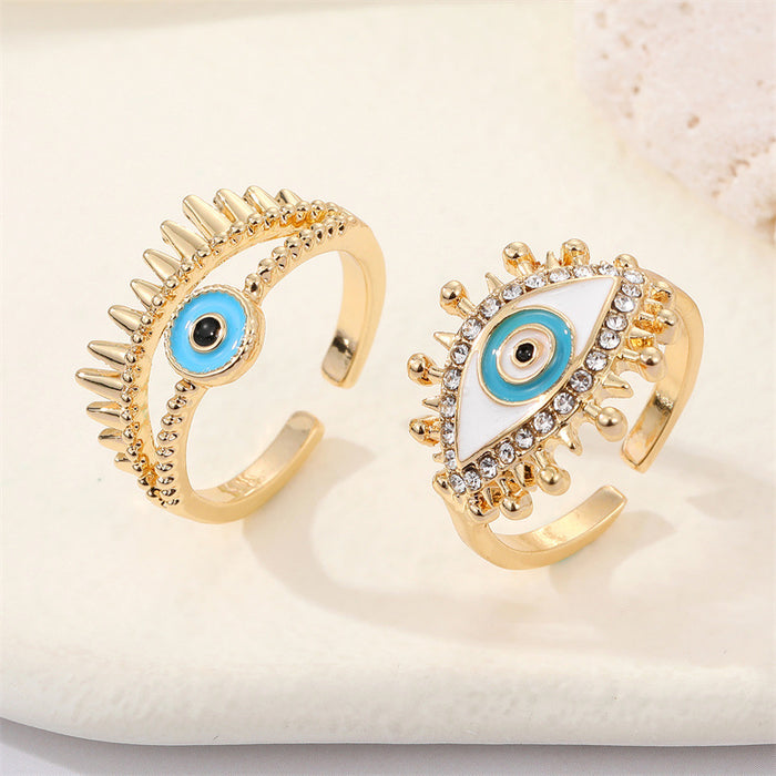 Gold Tone Crystal Lash Evil Eye Adjustable Open Ring