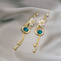 Blue Teardrop White Flower Gold Tone Extra Long Hook Earrings view 2