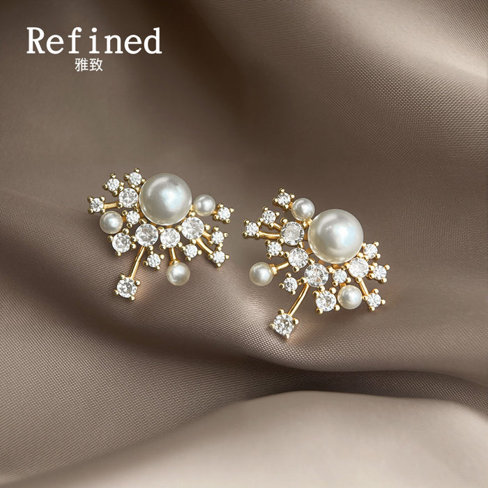 Gold Tone Pearl Clear Stone Starburst Cluster Stud Earrings