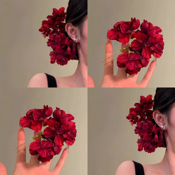 Deep Red Fabric Flower Cluster U Pin Hair Stick 1 Style