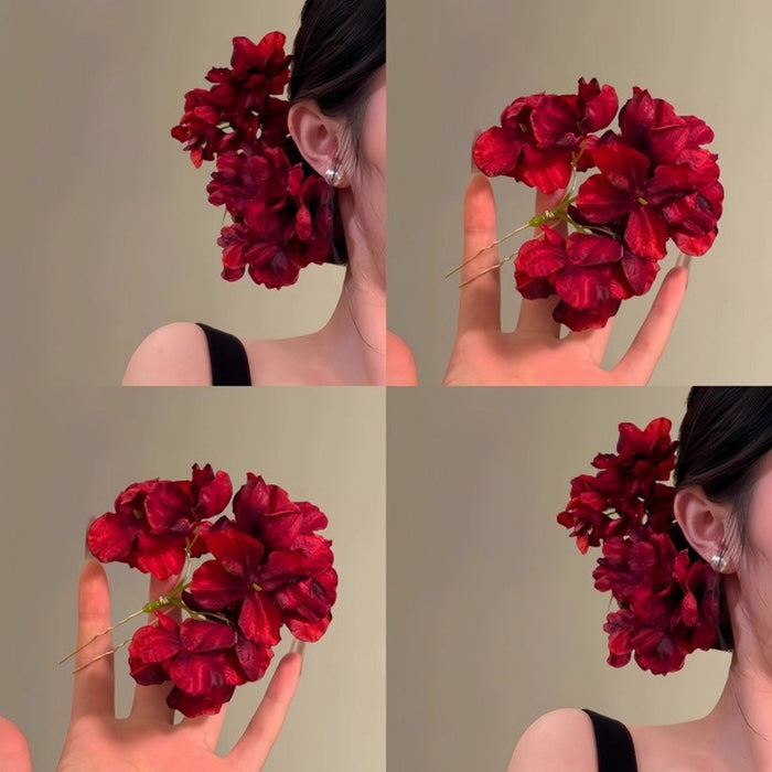 Deep Red Fabric Flower Cluster U Pin Hair Stick 1 Style