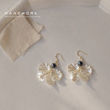 Gold Cream Shell Leaf Petal Drop Earrings Dark Pearl