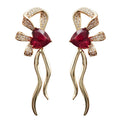 Gold Tone Red Heart Crystal Bow Long Stud Earrings view 4