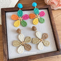 Colorful Raffia Leaf Cluster Stud Earrings Decorative Jewelry Pair view 2