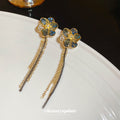 Blue Crystal Flower Earrings With Double Chain Tassels view 2