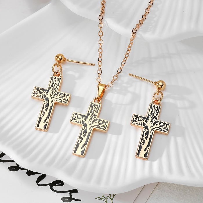 Gold Black Enamel Cross Necklace Earring Sets 6 Styles